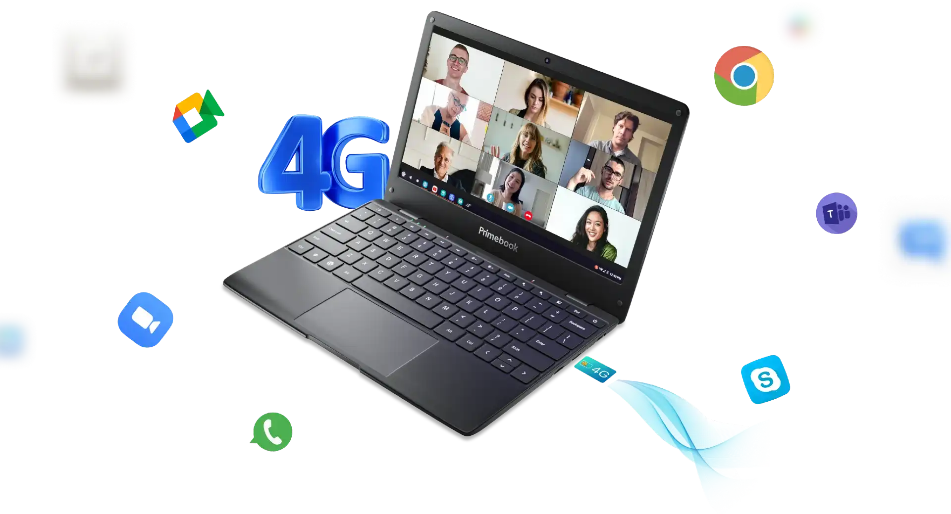 Nine people videocalling via zoom on primebook laptop and 4g, google chrome, microsoft team, google meet, whatsapp and 4 4g sim are displaying in the screen