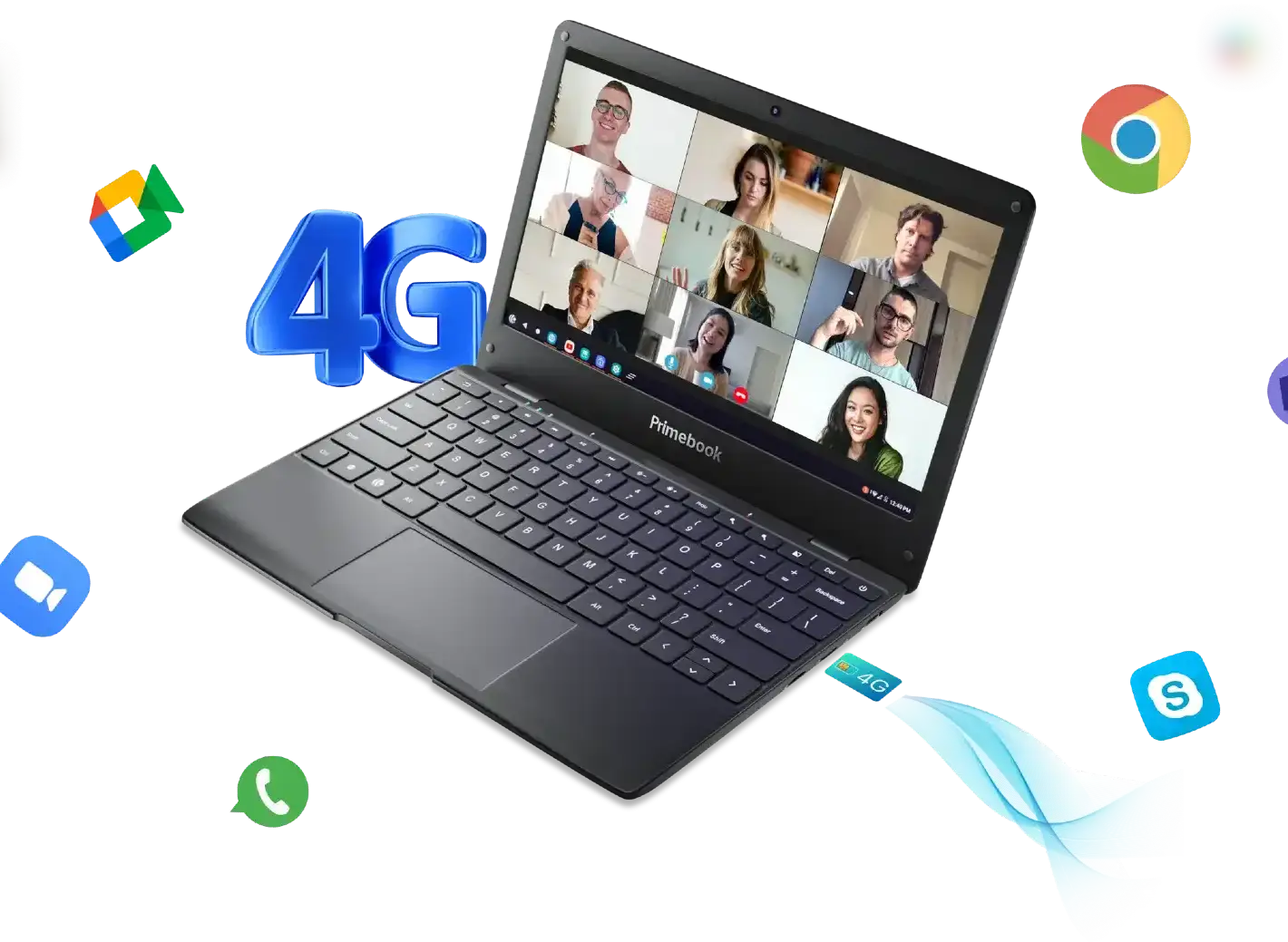 Nine people videocalling via zoom on primebook laptop and 4g, google chrome, microsoft team, google meet, whatsapp and 4 4g sim are displaying in the screen