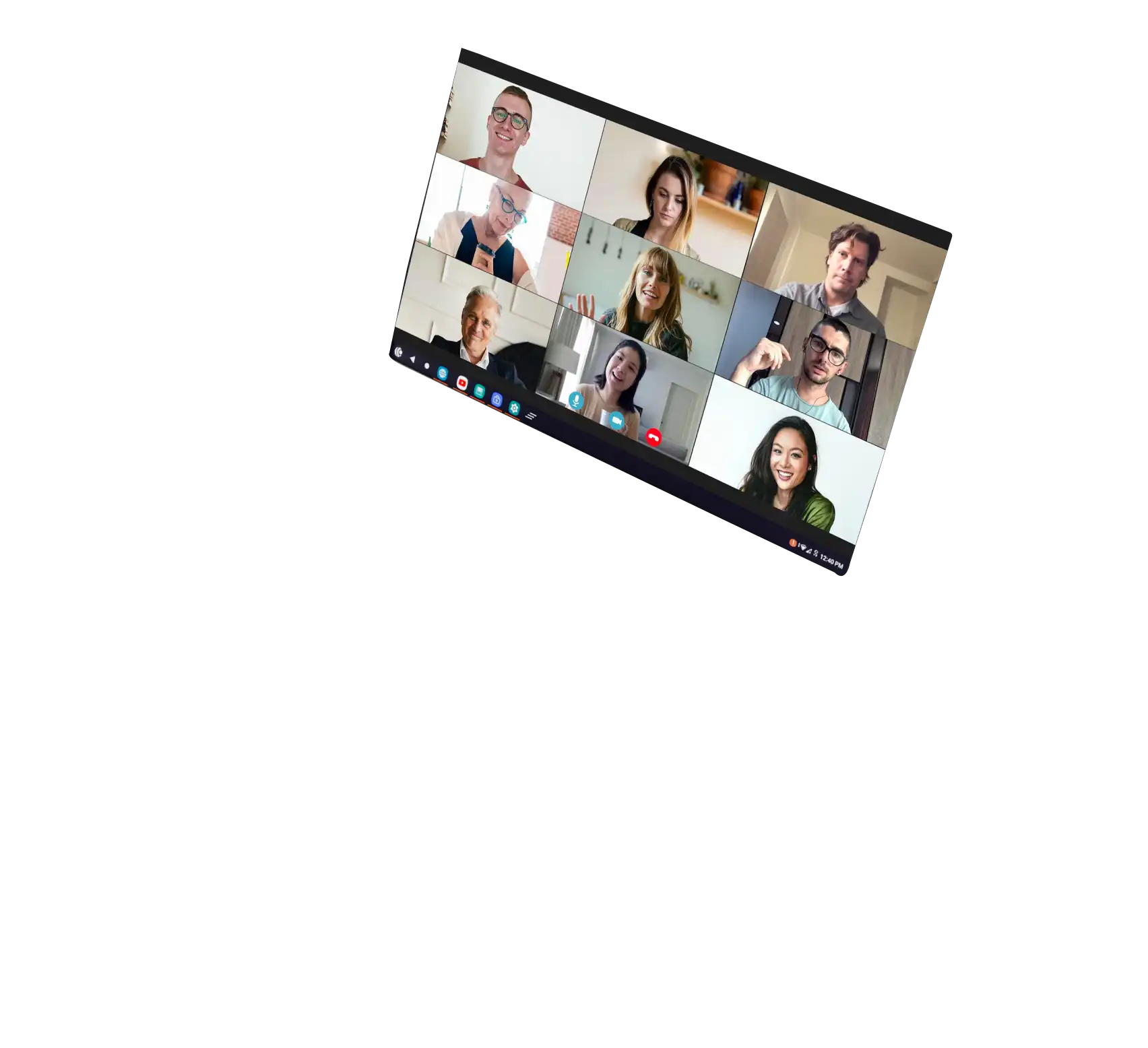 Nine people videocalling via zoom on primebook laptop