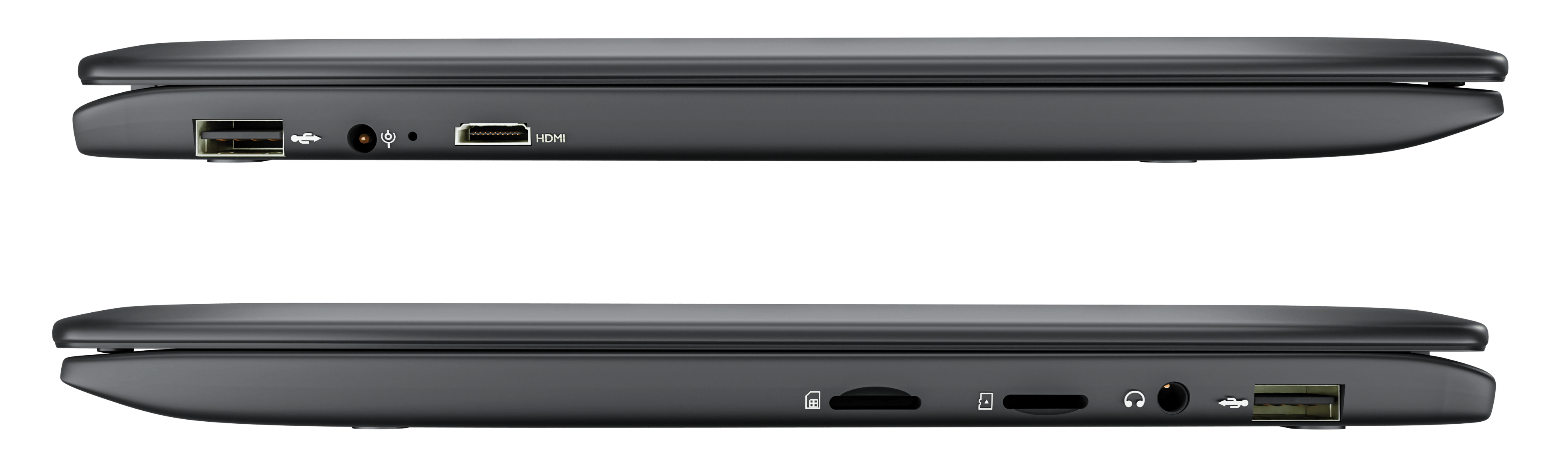 Both side view of primebook 4G laptop showing one usb, charging and HDMI in upper image and one sim, one sd card, headphone jack and usb port in lower image.