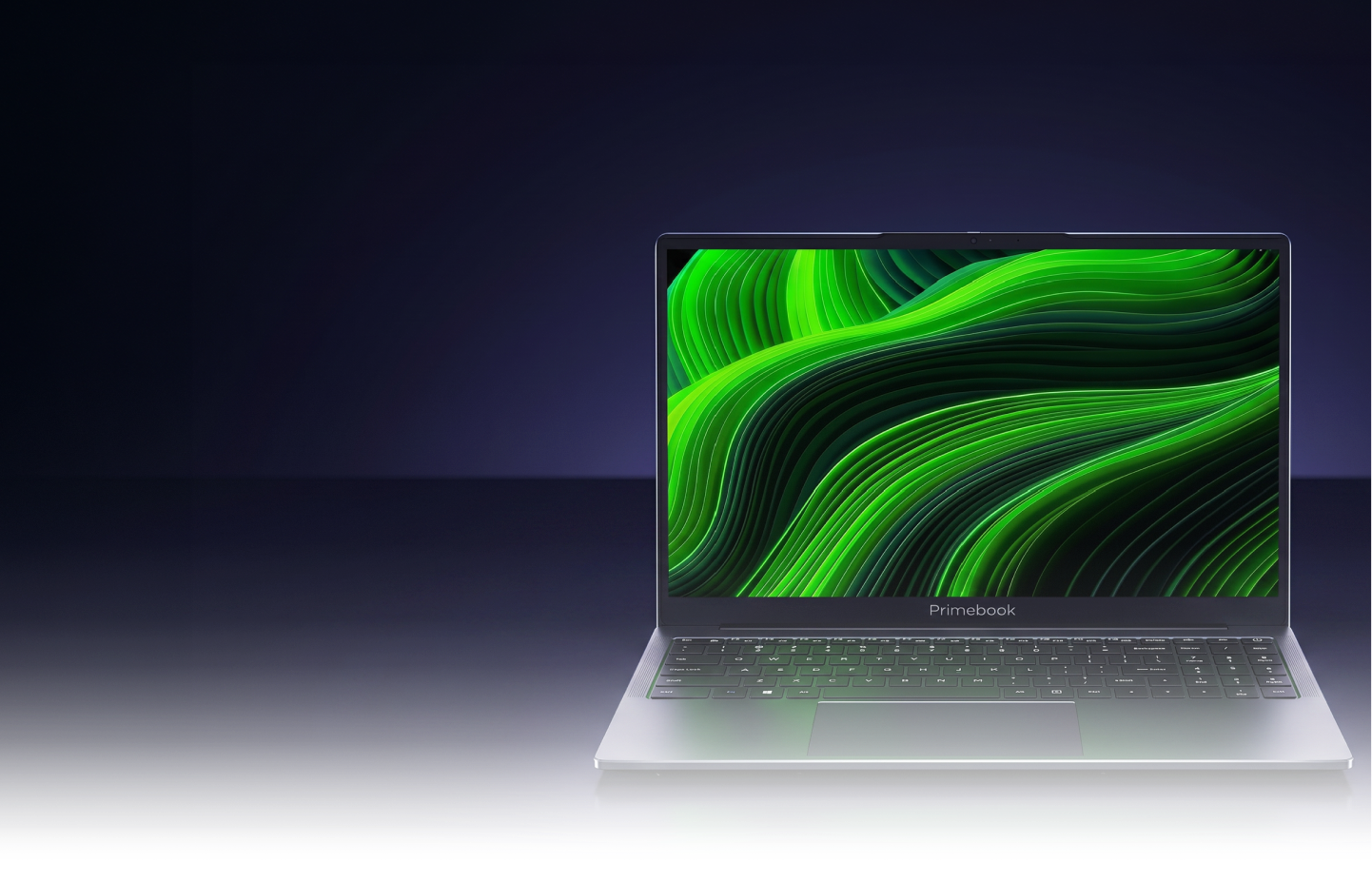Primebook laptop displaying a green abstract wallpaper