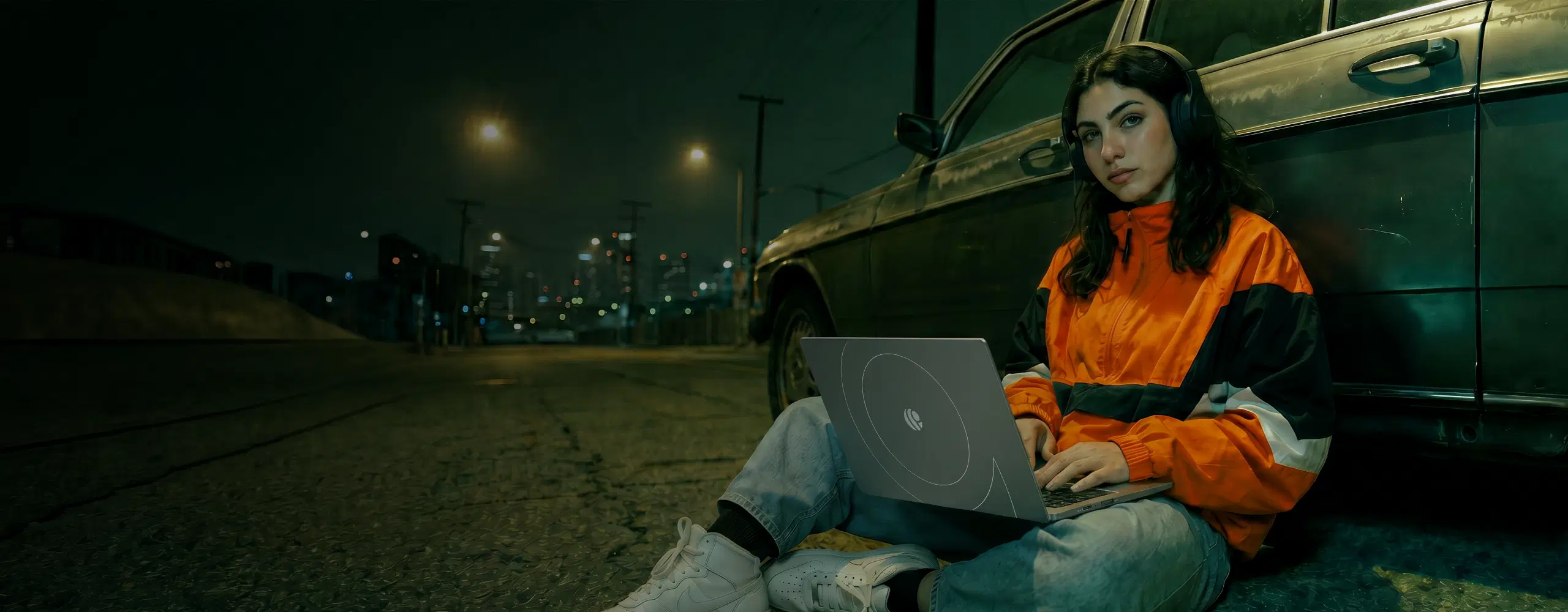 Young woman in an orange jacket sitting against a car at night, working on a Primebook laptop