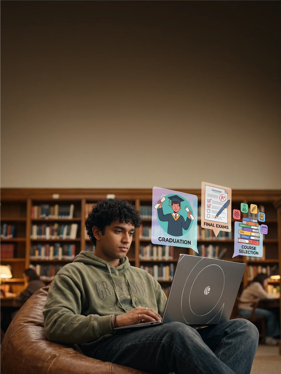 Student in a library working on a Primebook laptop, with Graduation, Final Exams and Course Selection cards floating beside him
