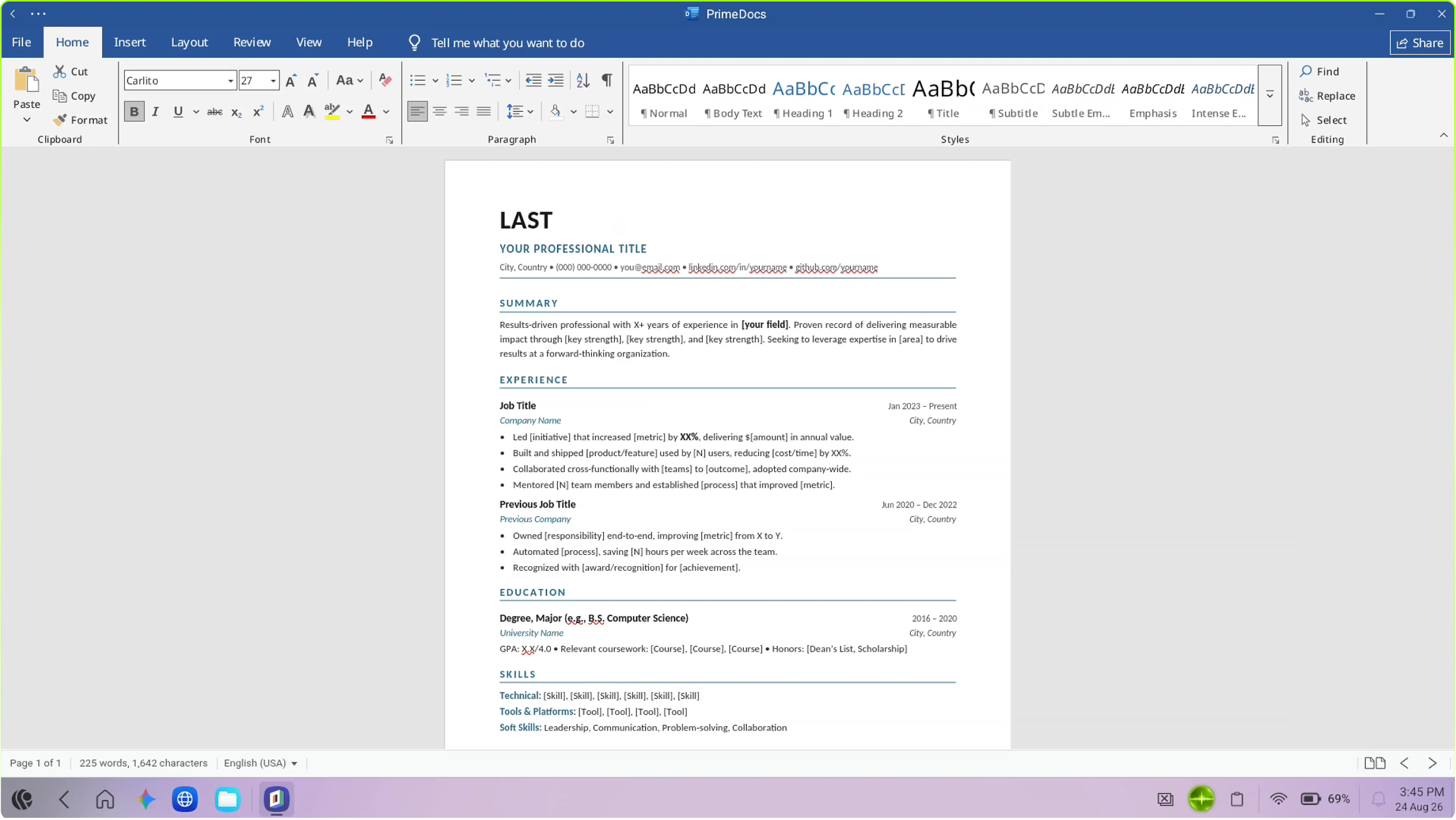 PrimeDocs editing a CV document on PrimeOS