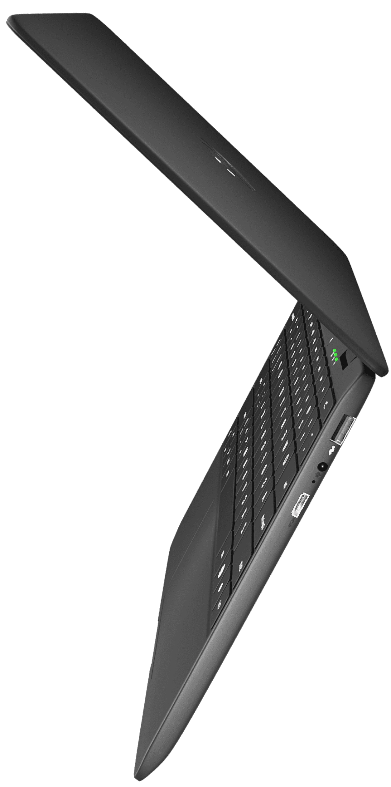 Side view of the primebook laptop in open tilt position showing one usb port, power socket port,and HDMI port