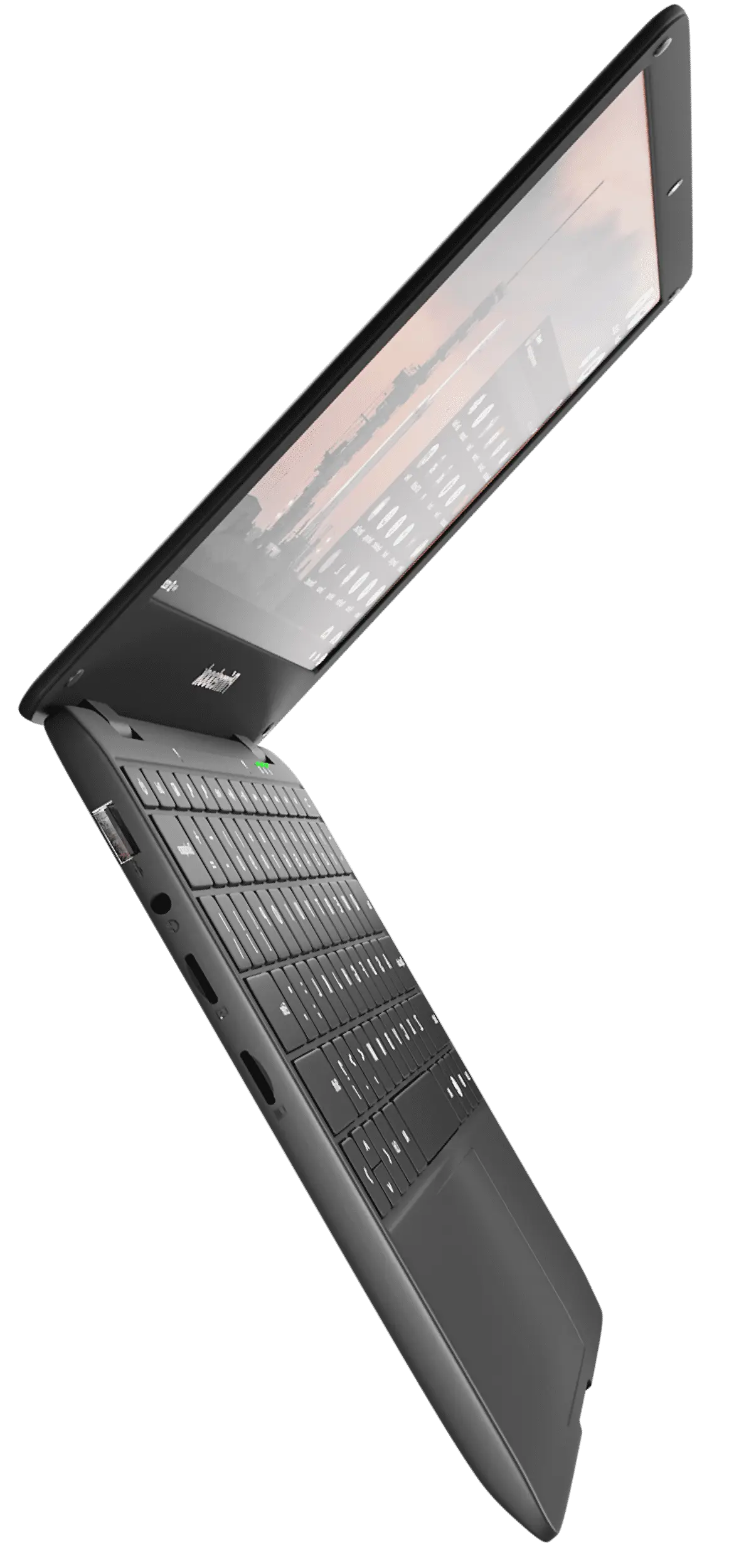 Side view of the primebook laptop in open tilt position showing one sim, one sd card, headphone jack and usb port.