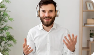 Guy with headphone with white background and books stand on one side and plants on other side