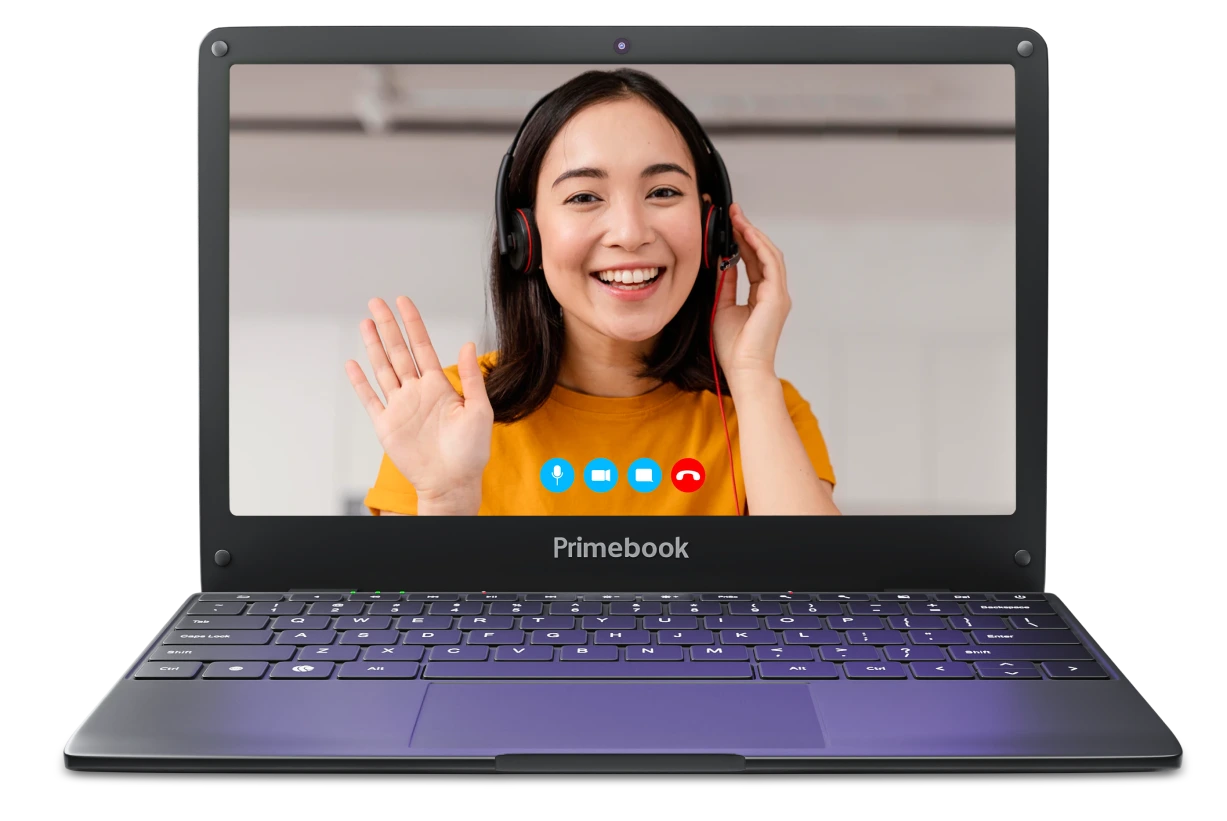 Girl is smiling and waving hand on video call in the primebook laptop.