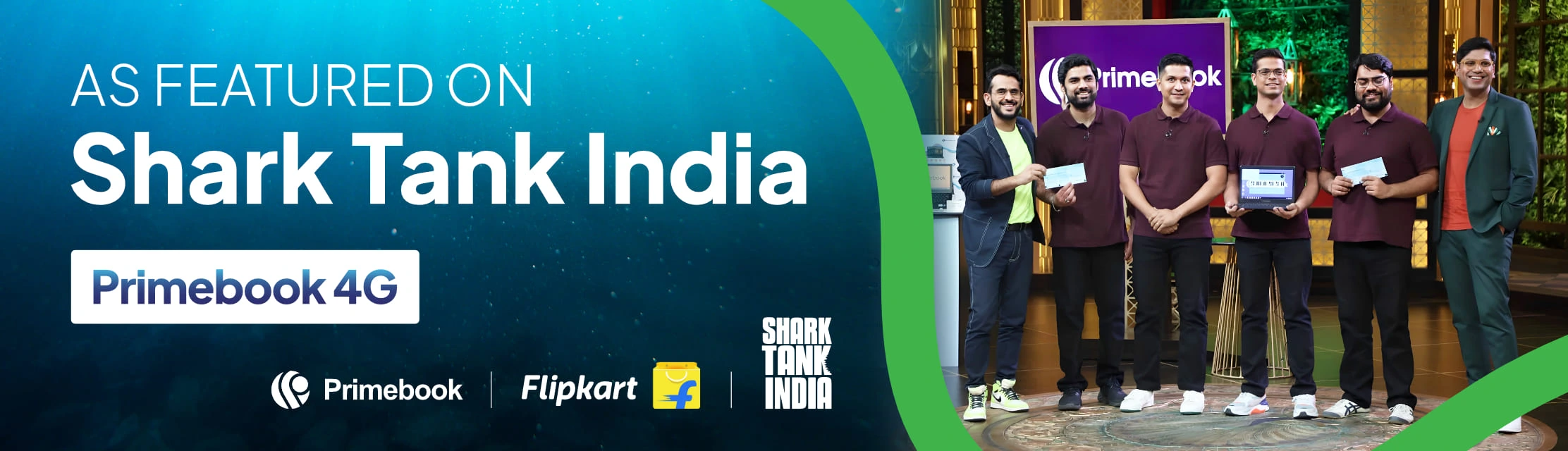 Full team of primebook 4G shark tank along with aman gupta and peeyush bansal showing as featured on shark tank India